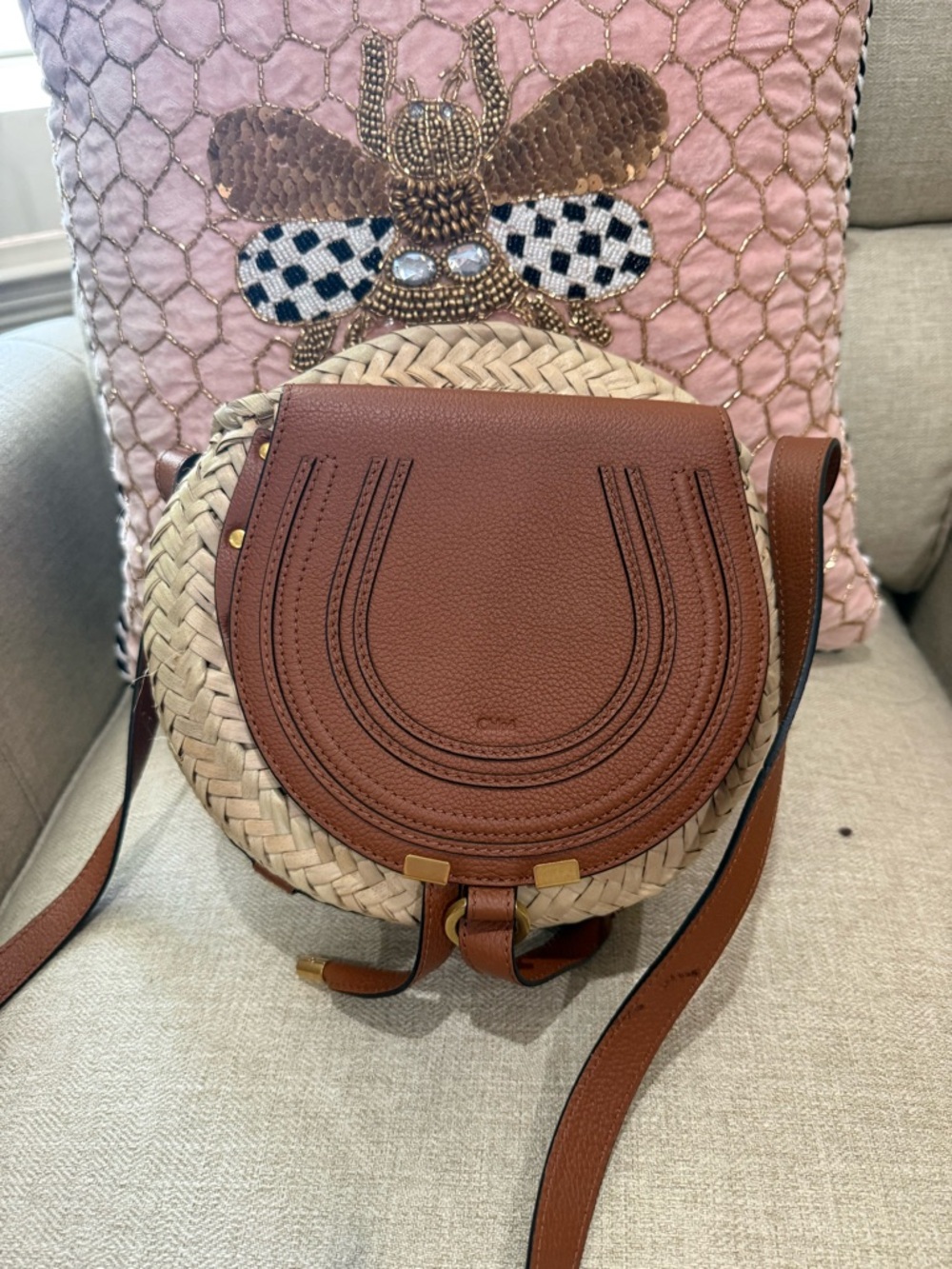 Chloé Marcie Raffia & Leather Round Crossbody Bag Tan Woven Summer Boho